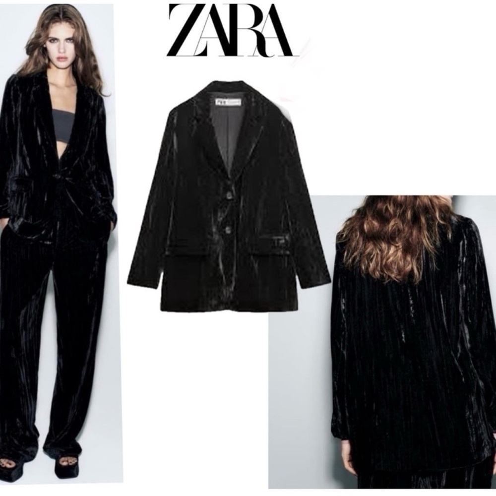 Zara black crushed velvet single breasted oversized blazer Sz XL NWOT